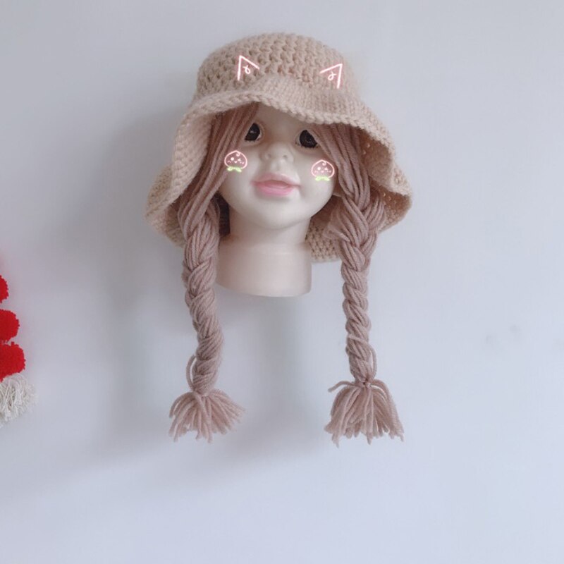 Winter Soft Warm Cute Wig Big Braid Kids Girls Princess Hat Baby Children Knitted Hat