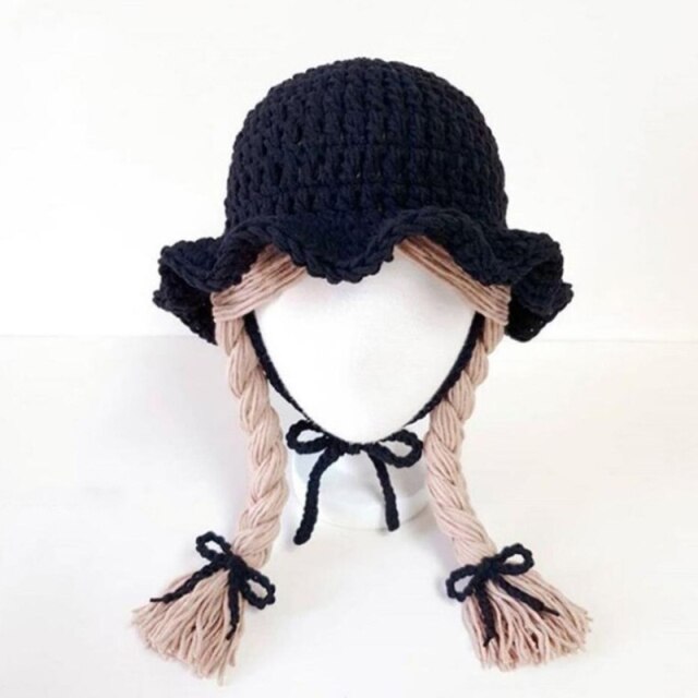 Winter Soft Warm Cute Wig Big Braid Kids Girls Princess Hat Baby Children Knitted Hat