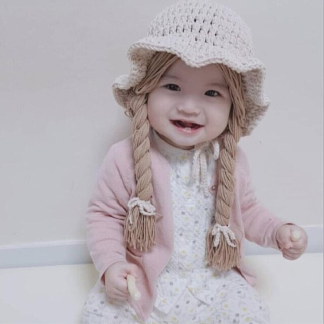 Winter Soft Warm Cute Wig Big Braid Kids Girls Princess Hat Baby Children Knitted Hat