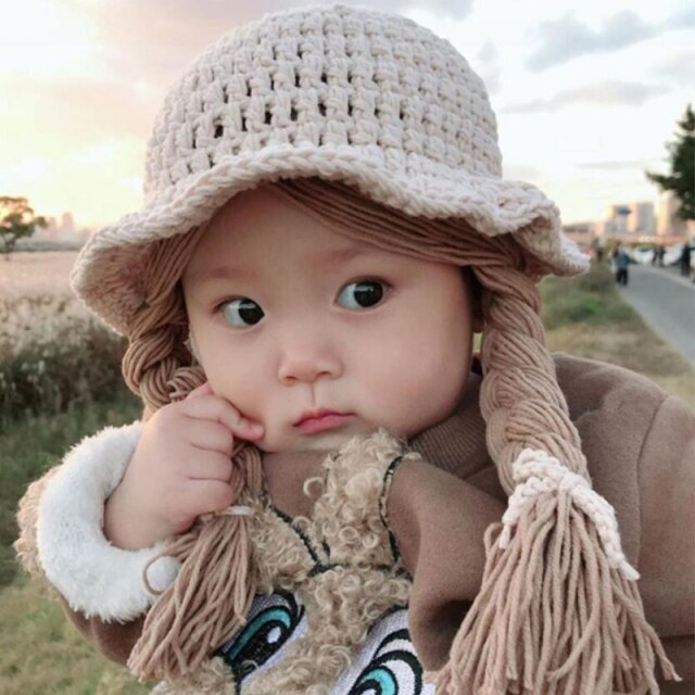 Winter Soft Warm Cute Wig Big Braid Kids Girls Princess Hat Baby Children Knitted Hat