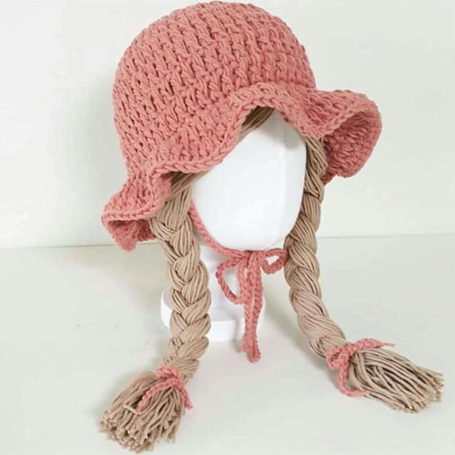 Winter Soft Warm Cute Wig Big Braid Kids Girls Princess Hat Baby Children Knitted Hat