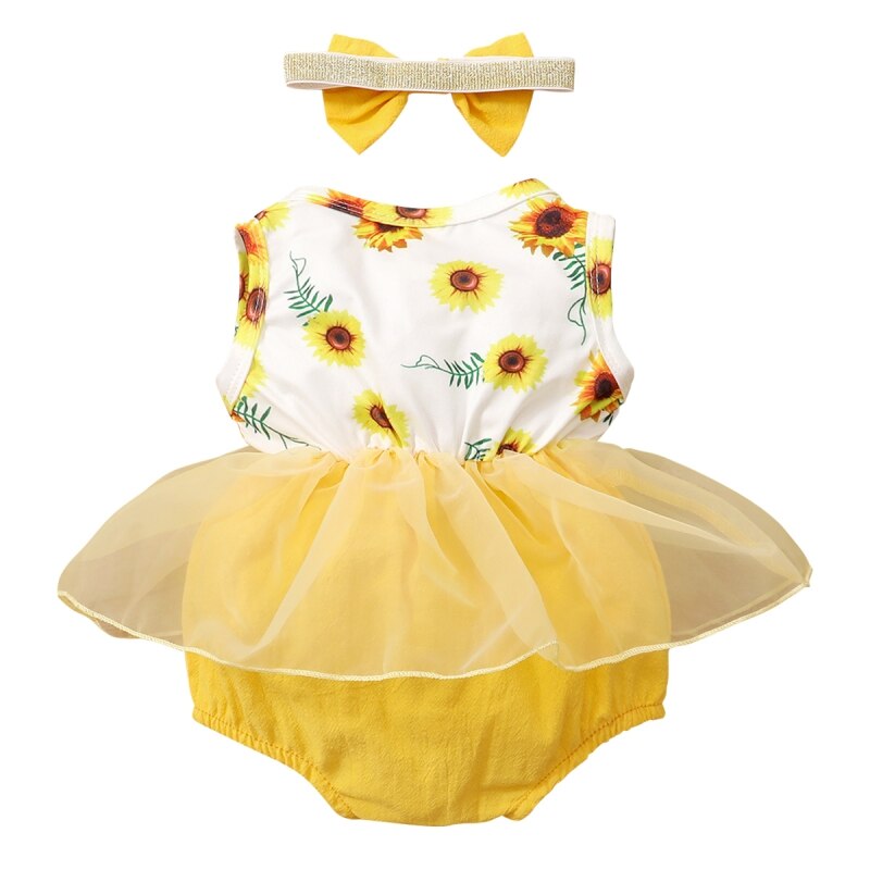 Mesh Stitching Sun Flower Print Sleeveless Romper + Headband ClothesFashion Newborn