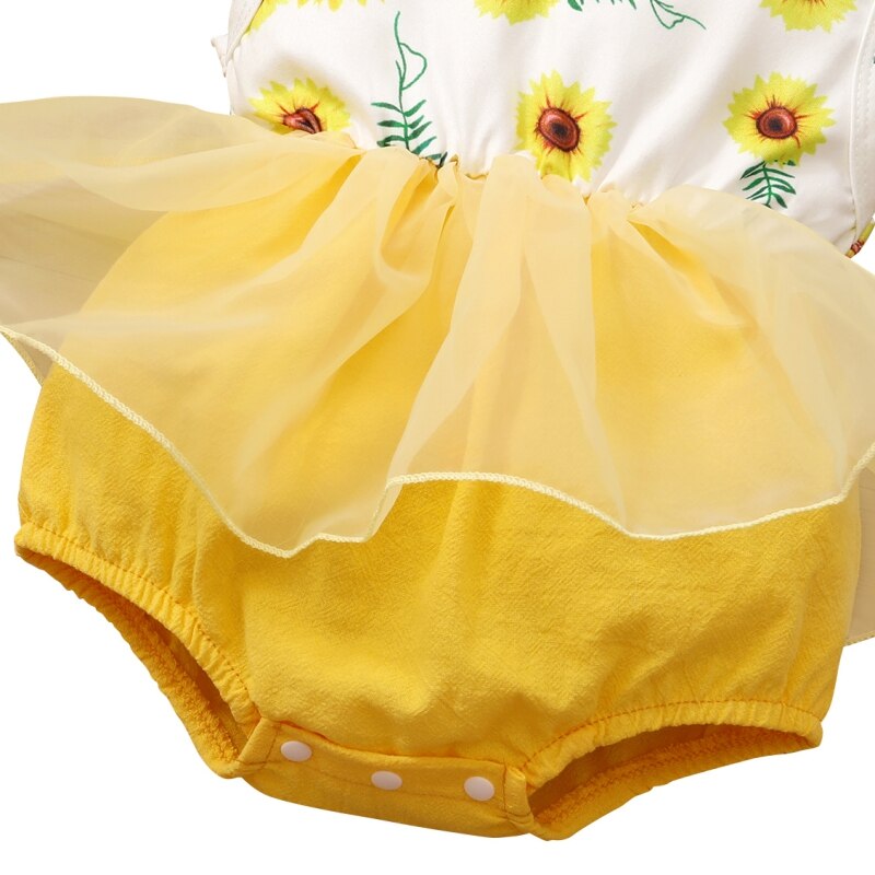 Mesh Stitching Sun Flower Print Sleeveless Romper + Headband ClothesFashion Newborn