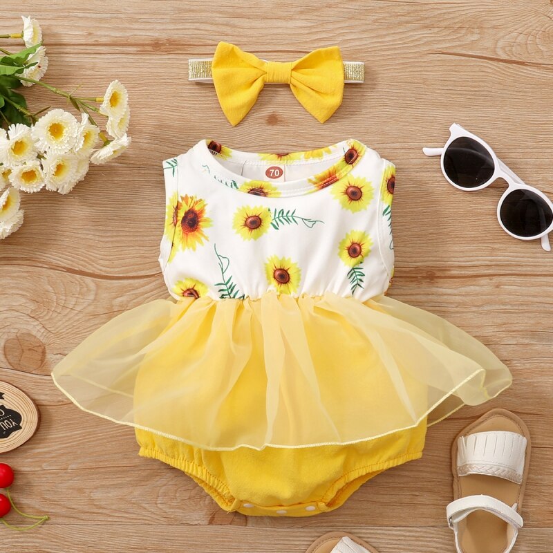 Mesh Stitching Sun Flower Print Sleeveless Romper + Headband ClothesFashion Newborn