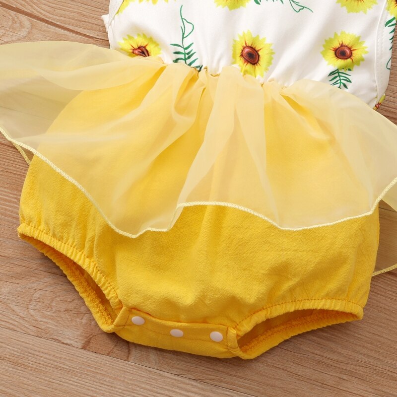 Mesh Stitching Sun Flower Print Sleeveless Romper + Headband ClothesFashion Newborn