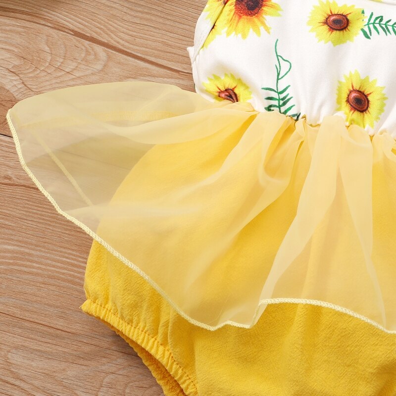 Mesh Stitching Sun Flower Print Sleeveless Romper + Headband ClothesFashion Newborn