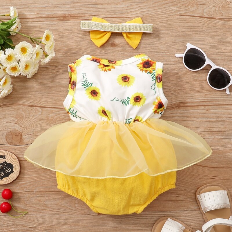 Mesh Stitching Sun Flower Print Sleeveless Romper + Headband ClothesFashion Newborn