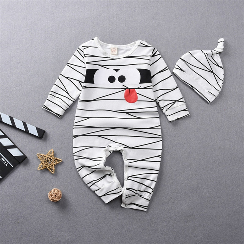 Halloween Rompers With Hat Newborn Baby Boy Girl Long Sleeve Cartoon Mummy Jumpsuits