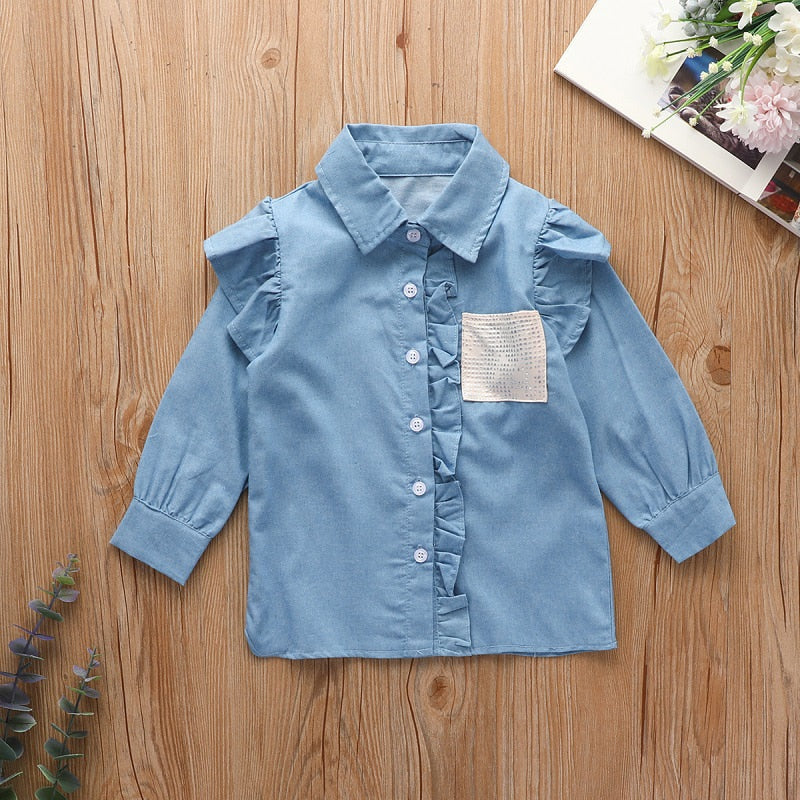 Spring Autumn Girl Ruffles Long-sleeved Denim cardigan Lapel Top Children Girl Denim Jacket