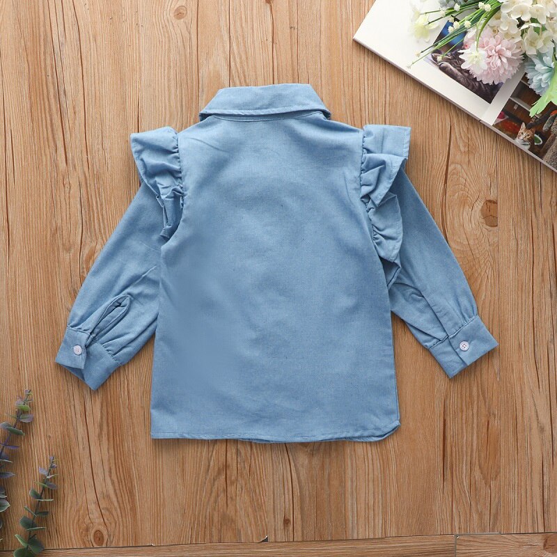 Spring Autumn Girl Ruffles Long-sleeved Denim cardigan Lapel Top Children Girl Denim Jacket