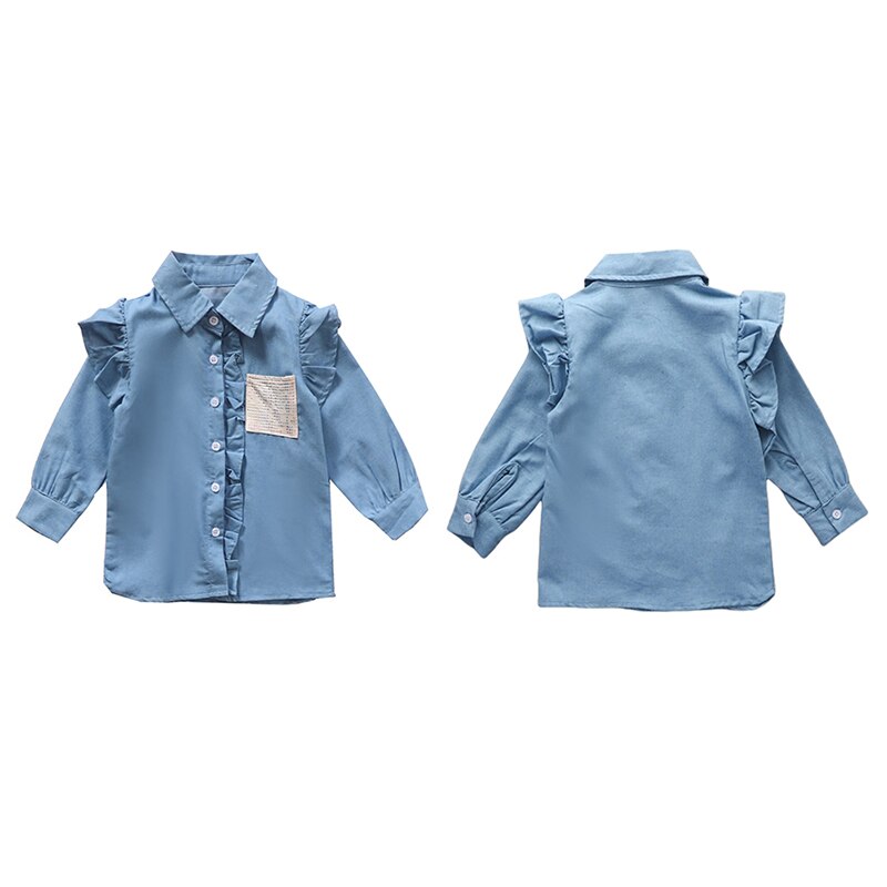 Spring Autumn Girl Ruffles Long-sleeved Denim cardigan Lapel Top Children Girl Denim Jacket