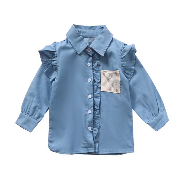 Spring Autumn Girl Ruffles Long-sleeved Denim cardigan Lapel Top Children Girl Denim Jacket