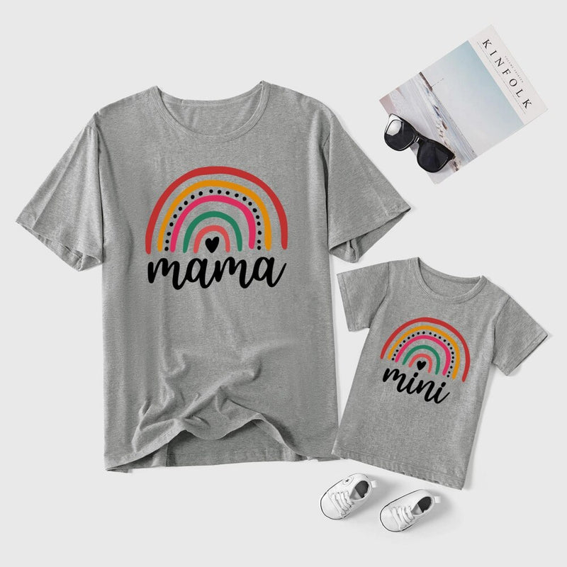 Fashion Family Matching Outfits Mother Baby Mini Rainbow Print  T-shirt  Adult Kids Girl