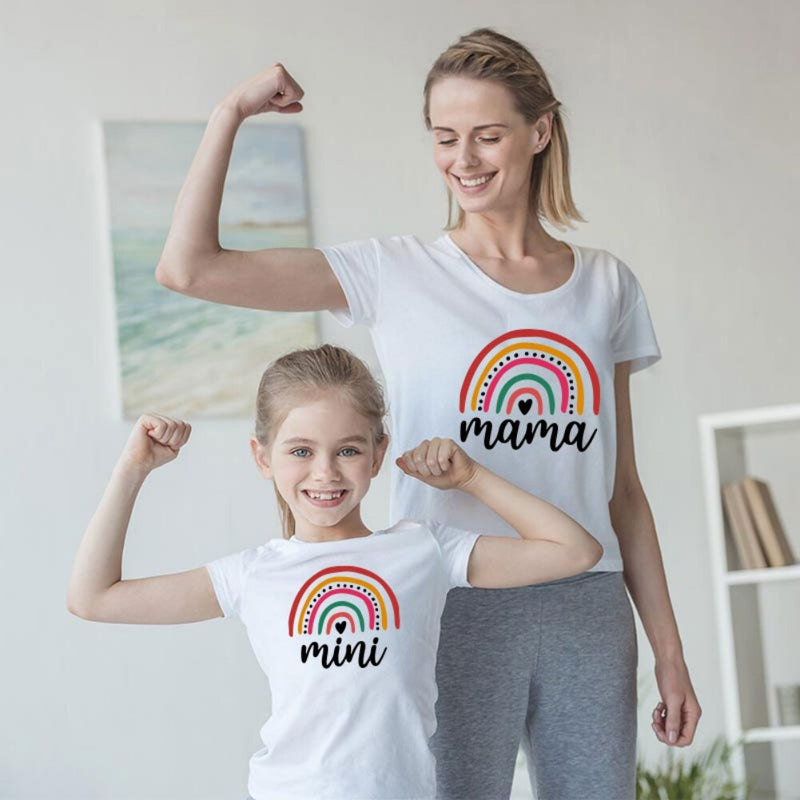 Fashion Family Matching Outfits Mother Baby Mini Rainbow Print  T-shirt  Adult Kids Girl