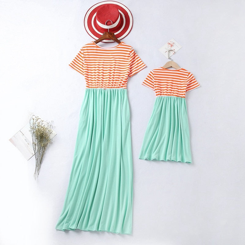 Summer Sleeveless Short Sleeve Stripes Dresses For Mother and Daughter  Matching Outfits