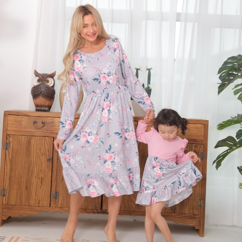 Autumn Mother Daughter Cotton Long Sleeve Floral Print Dress Mommy Baby Kids Dresses Family