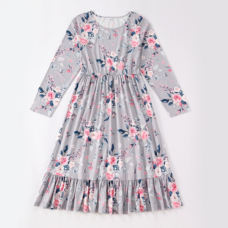 Autumn Mother Daughter Cotton Long Sleeve Floral Print Dress Mommy Baby Kids Dresses Family