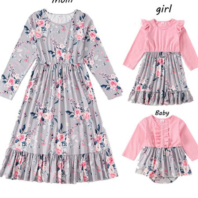 Autumn Mother Daughter Cotton Long Sleeve Floral Print Dress Mommy Baby Kids Dresses Family