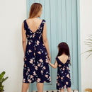 Summer Mommy Daughter Floral Print Sleeveless Dress Daddy SonStriped T-shirt Family Matching