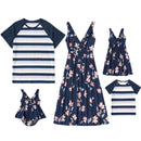 Summer Mommy Daughter Floral Print Sleeveless Dress Daddy SonStriped T-shirt Family Matching