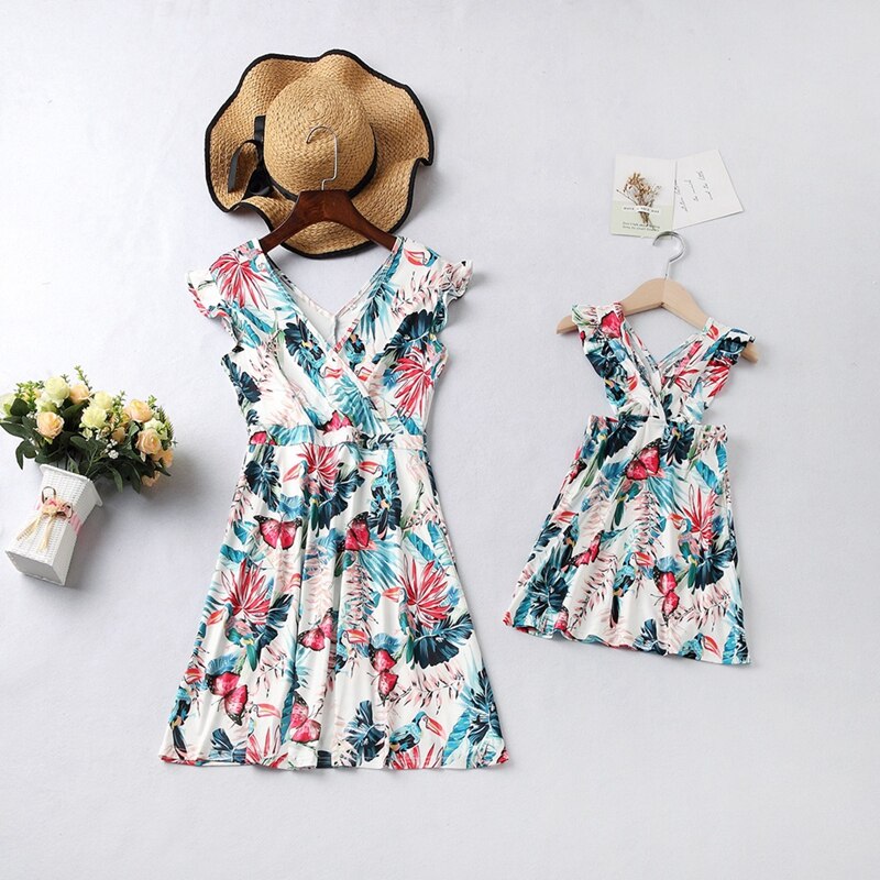 Summer Floral Printed Dress Sleeveless Family Matching Outfits Mom Daughter Parent-Child Dress