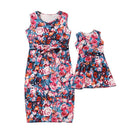 Summer Mother Daughter For Mom and Kids Floral Printed SleevelessMatching Family Dresses