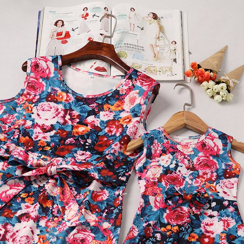 Summer Mother Daughter For Mom and Kids Floral Printed SleevelessMatching Family Dresses