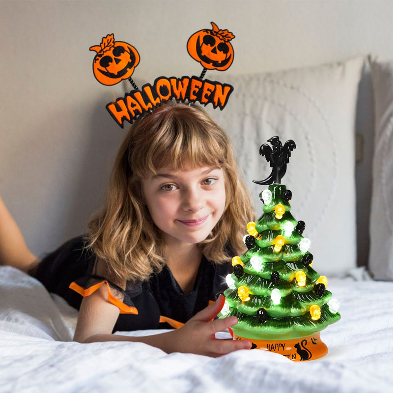 11.5" Pre-Lit Ceramic Hand-Painted Tabletop Halloween Tree Battery Powered Green CM22646