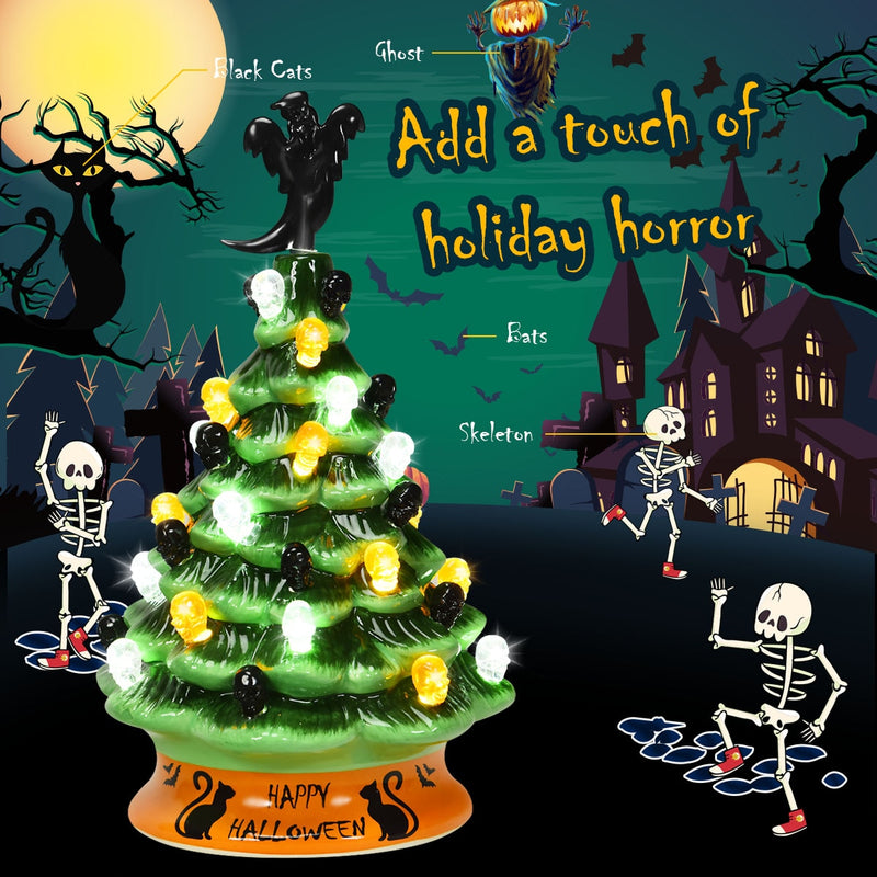 11.5" Pre-Lit Ceramic Hand-Painted Tabletop Halloween Tree Battery Powered Green CM22646