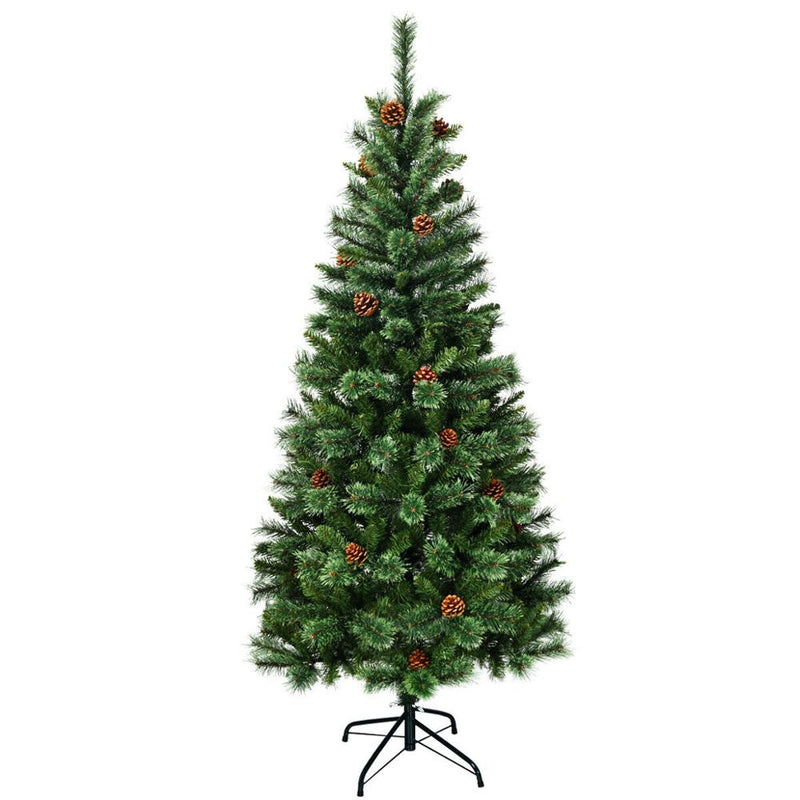 6 ft Premium Hinged Artificial Christmas Tree Mixed Pine Needles w/ Pine Cones CM22803
