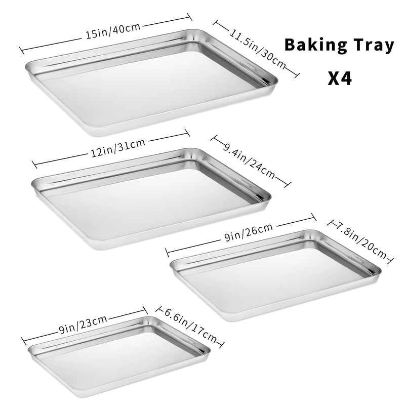 4-pieces Stainless Steel Baking Tray Pans Non-Stick Sheet,Mirror Finish&Rust Free