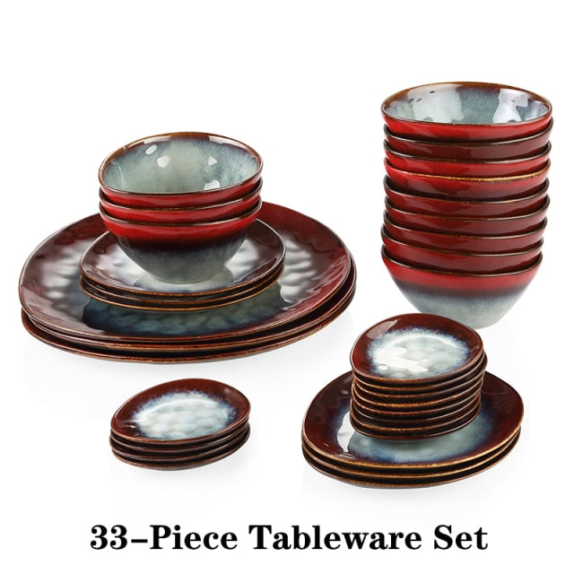 Vintage Look Ceramic Red 11/22/33-Piece Tableware Dinner Set