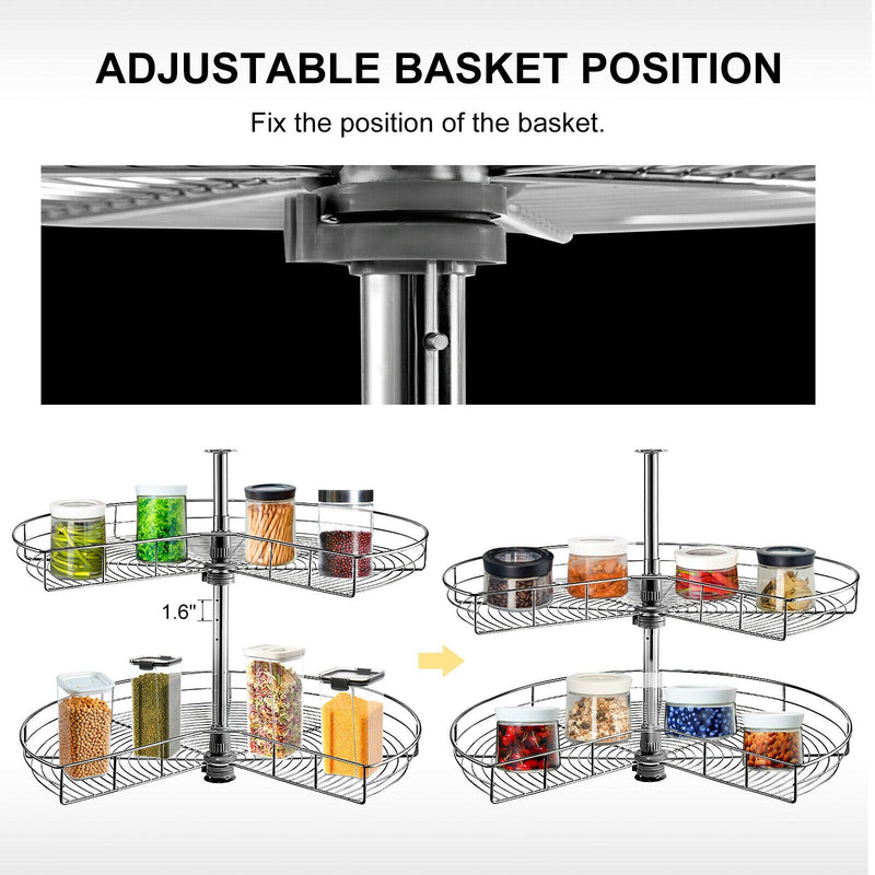 2-Shelf Blind Corner Cabinet Adjustable Height 360° Turntable Durable Stainless Steel Basket