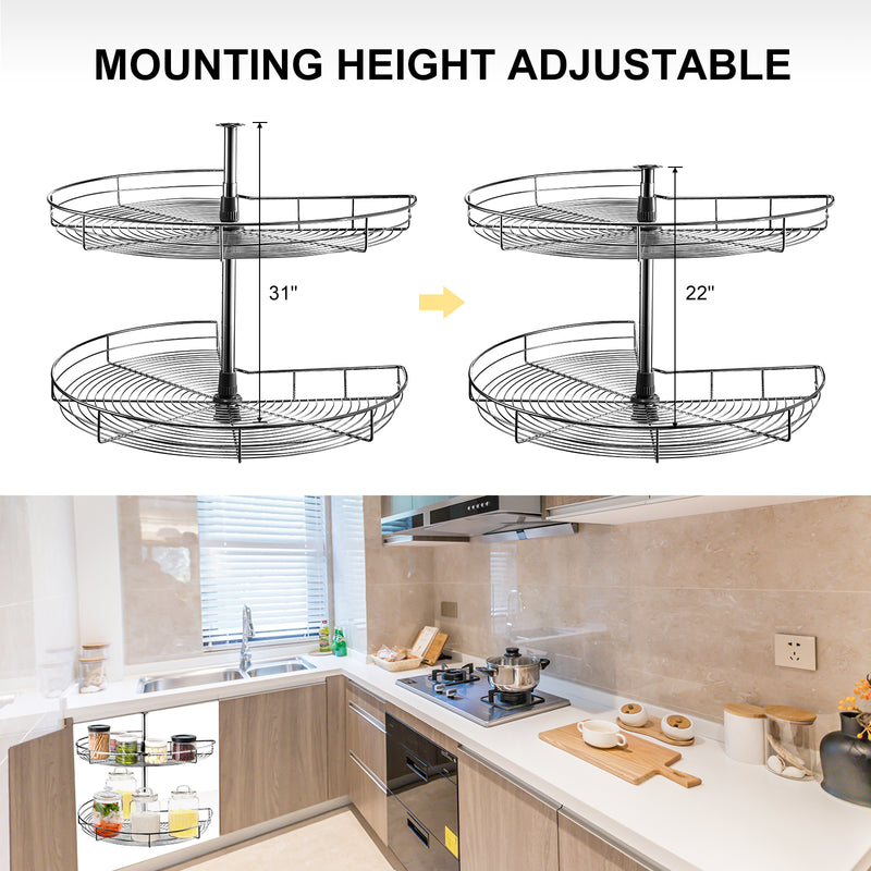 2-Shelf Blind Corner Cabinet Adjustable Height 360° Turntable Durable Stainless Steel Basket