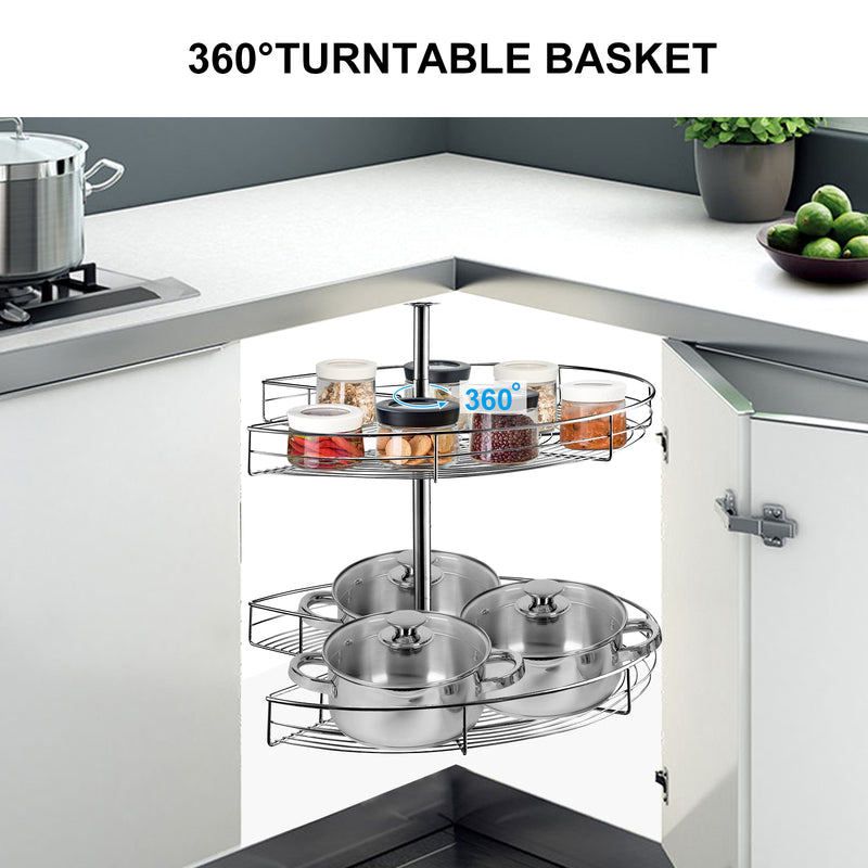 2-Shelf Blind Corner Cabinet Adjustable Height 360° Turntable Durable Stainless Steel Basket