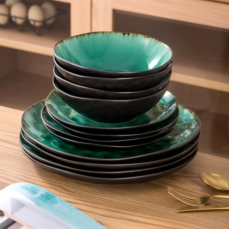 12-Piece Pottery Stoneware Vintage Look Ceramic Green Dinnerware Set