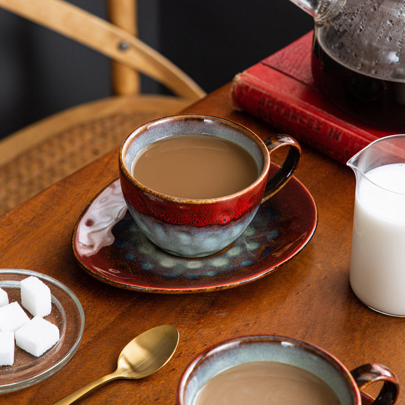 Starry Red Ceramic Coffee Cup and Saucer Set Stoneware