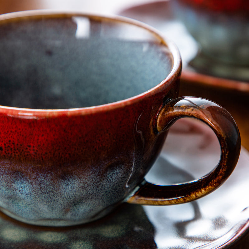Starry Red Ceramic Coffee Cup and Saucer Set Stoneware