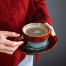 Starry Red Ceramic Coffee Cup and Saucer Set Stoneware