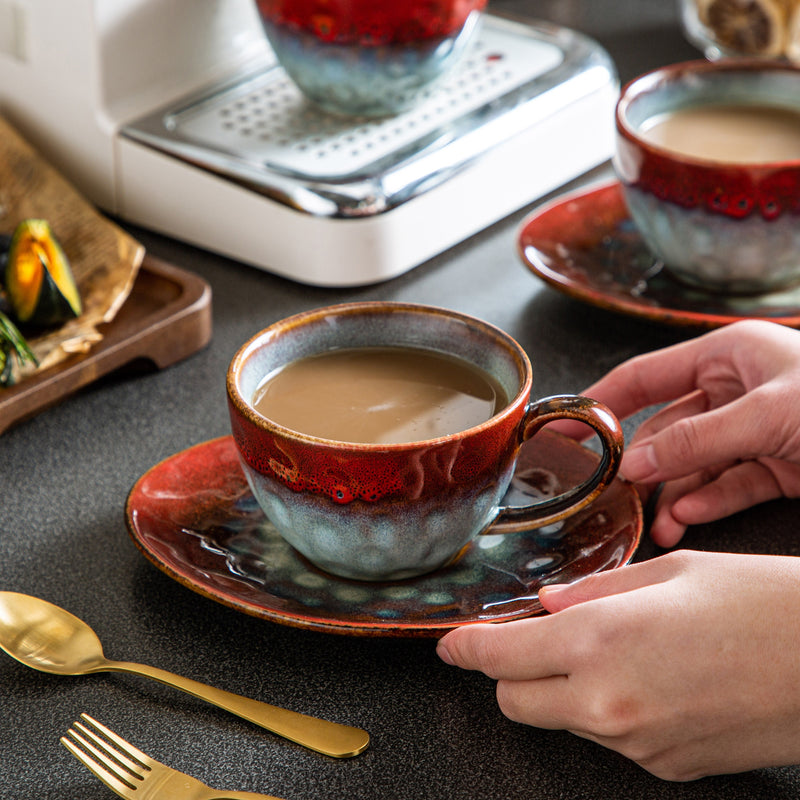 Starry Red Ceramic Coffee Cup and Saucer Set Stoneware