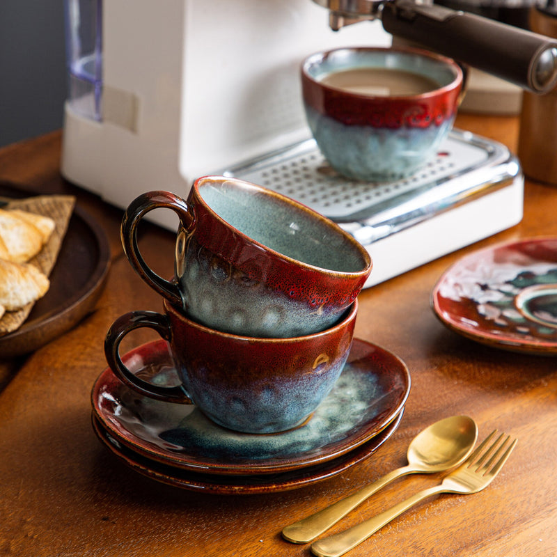 Starry Red Ceramic Coffee Cup and Saucer Set Stoneware