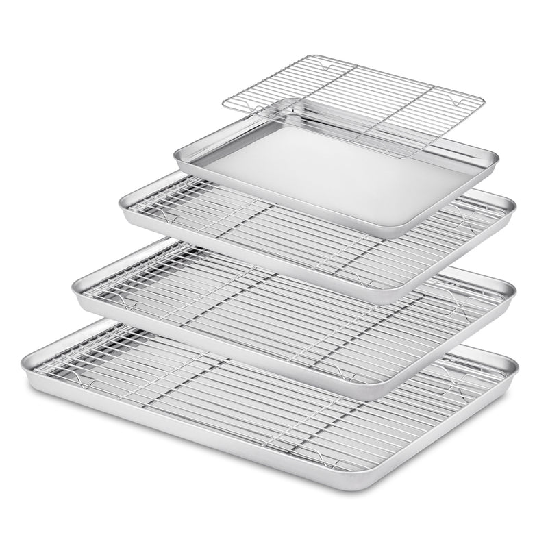 Baking Tray w/ Rack Set of 8(4 Racks),Baking Pans Stainless Steel w/ Cooling Rack