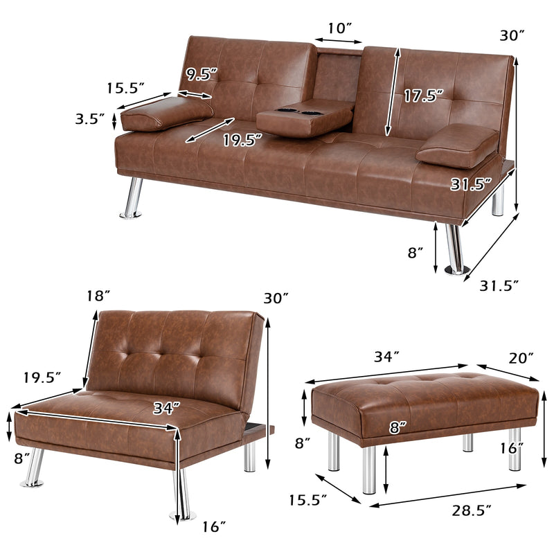 3-Piece Sectional Set Convertible Futon w/Single Sofa&Ottoman Brown HW66915CF+HV10004CF+JV10015CF