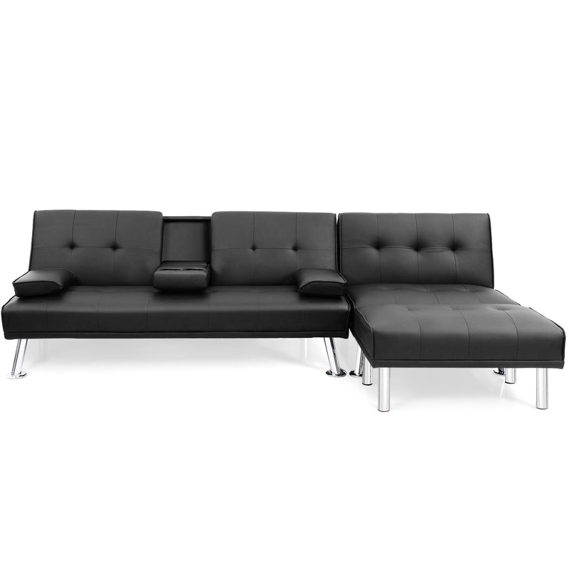 3-Piece Sectional Set Convertible Futon w/Single Sofa&Ottoman Black HW66915BK+HV10004BK+JV10015BK