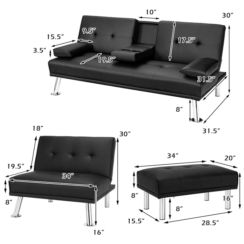 3-Piece Sectional Set Convertible Futon w/Single Sofa&Ottoman Black HW66915BK+HV10004BK+JV10015BK