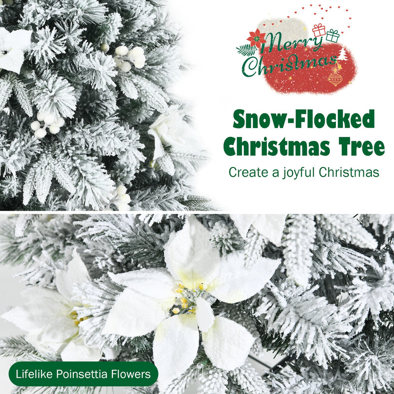 5ft Snow Flocked Christmas Pencil Tree w/ Berries & Poinsettia Flowers CM23500