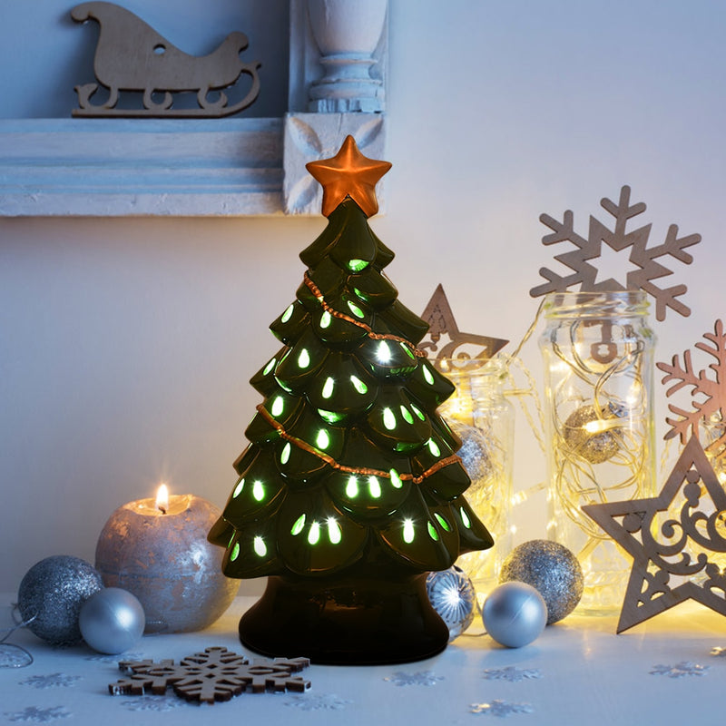 11.5''Pre-Lit Ceramic Christmas Tree Tabletop Lights Green CM22114