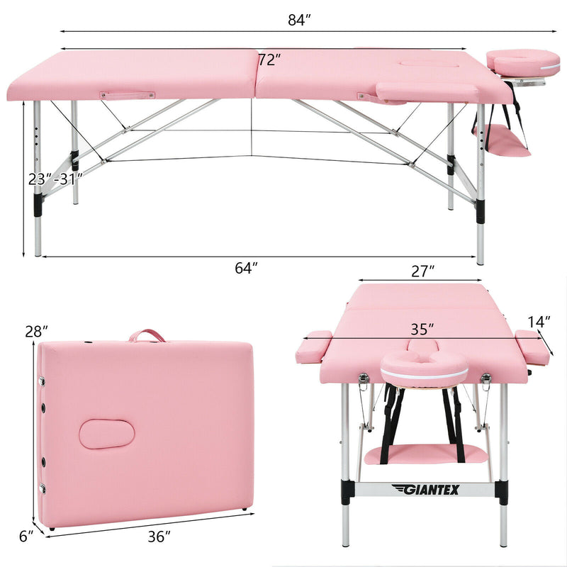 84"L Portable Massage Table Adjustable Salon Spa Bed w/ Carry Case Pink