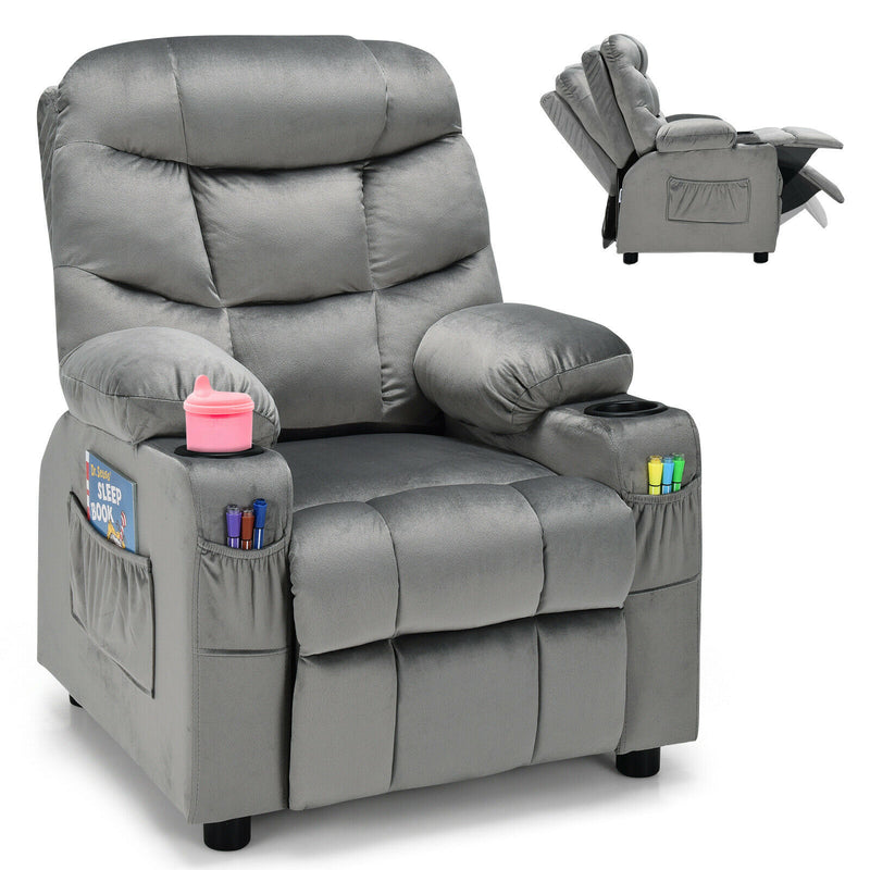 Kids Youth Recliner Chair Velvet Fabric Armrest Sofa w/Cup Holder Grey HW67186GR