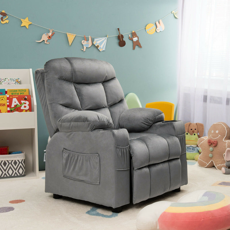 Kids Youth Recliner Chair Velvet Fabric Armrest Sofa w/Cup Holder Grey HW67186GR